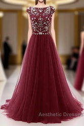 Burgundy Wine Red Beading Long Sexy Evening Prom Dresses